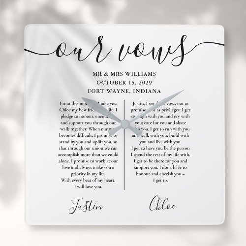 Black And White His And Hers Wedding Vows Square Wall Clock