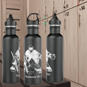 Black and White Hockey Goalie Monogram Stainless Steel Water Bottle