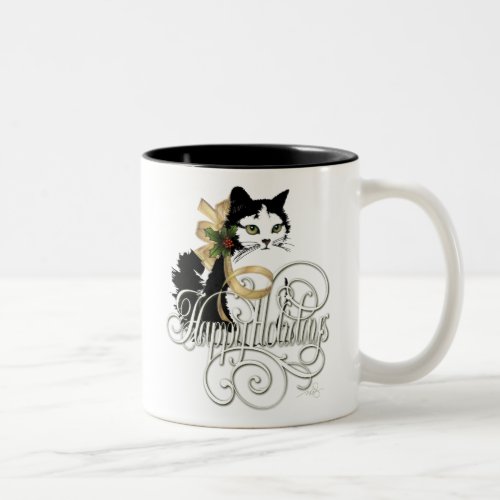 Black and White Holiday Cat Two_Tone Coffee Mug