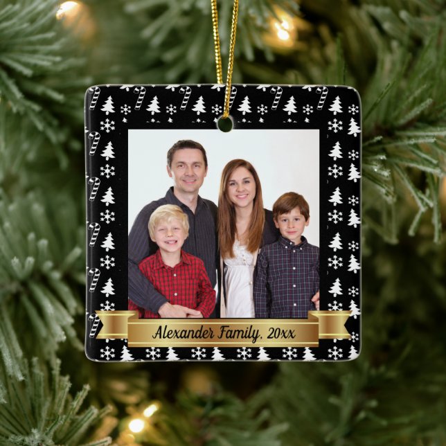 Black and White Holiday Pattern Photo Ceramic Ornament (Tree)