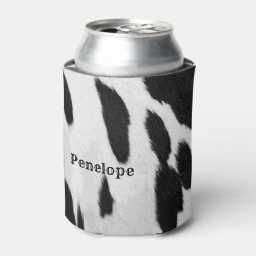Black and White Holstein Cowhide Look With Name  Can Cooler