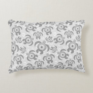 Black and White Honu Sea Turtles Hibiscus Flowers Accent Pillow