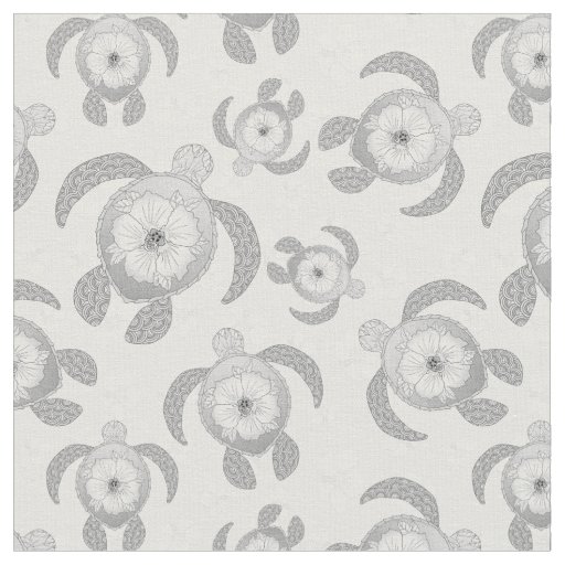 Black and White Honu Sea Turtles Hibiscus Flowers Fabric