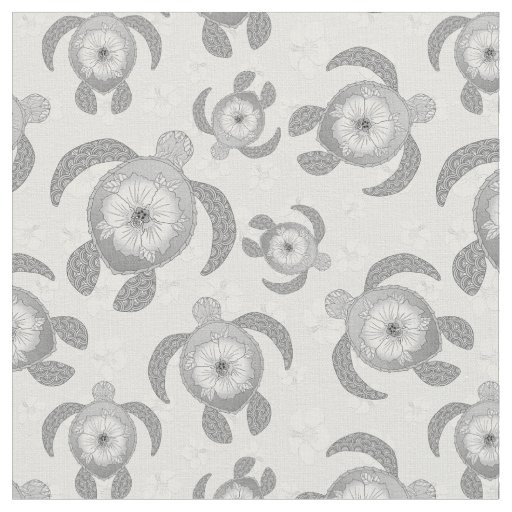 Black and White Honu Sea Turtles Hibiscus Flowers Fabric