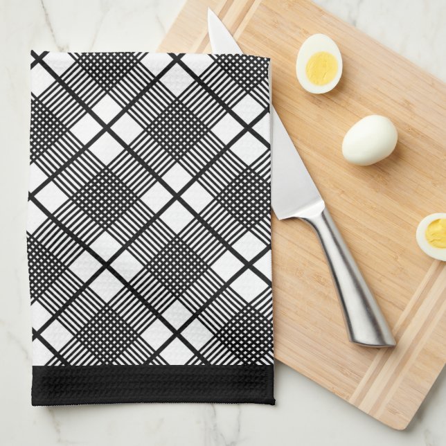 Black and White Horizontal Plaid Pattern Kitchen Towel (Quarter Fold)
