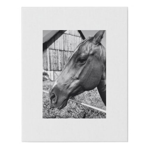 Black and White Horse and Barn Portrait Faux Canvas Print