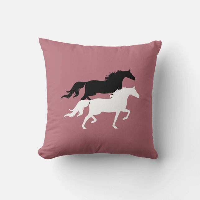 Black and white horse silhouettes on rose gold throw pillow (Front)