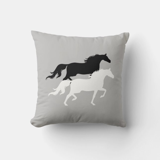 Black and white horse silhouettes on silver gray throw pillow (Front)