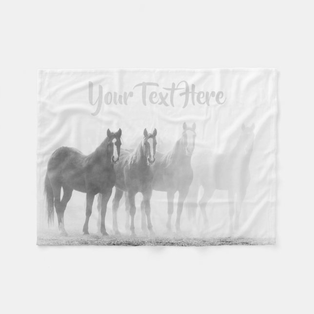 Black and White Horses Fleece Blanket (Front (Horizontal))