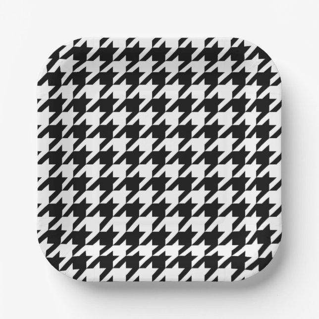 Black and White Houndstooth Check Paper Plates (Front)