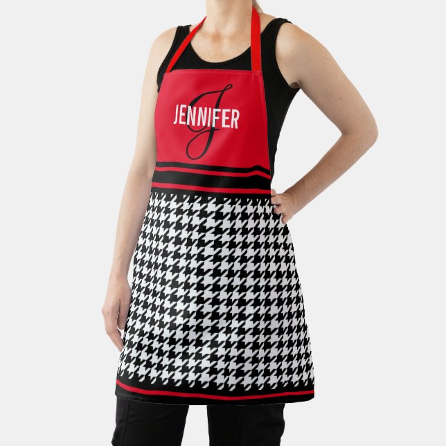 Black and White Houndstooth custom name monogram Apron (Insitu)