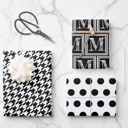 Black and White Houndstooth Monogram Polka Dot Wrapping Paper Sheets