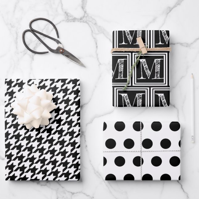 Black and White Houndstooth Monogram Polka Dot Wrapping Paper Sheets (Front)