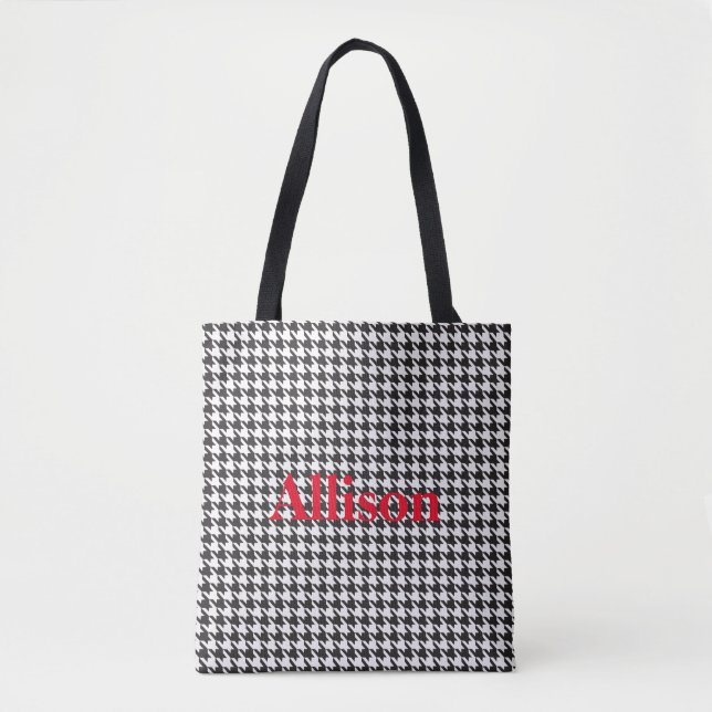 Black and White Houndstooth Pattern Personalized Tote Bag (Front)