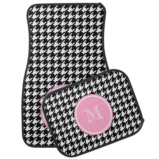 Black and White Houndstooth Pink Monogram Car Floor Mat (Set)