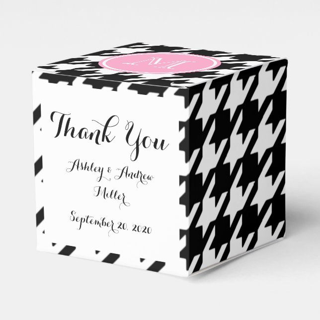 Black and White Houndstooth Pink Monogram Favor Boxes (Front Side)