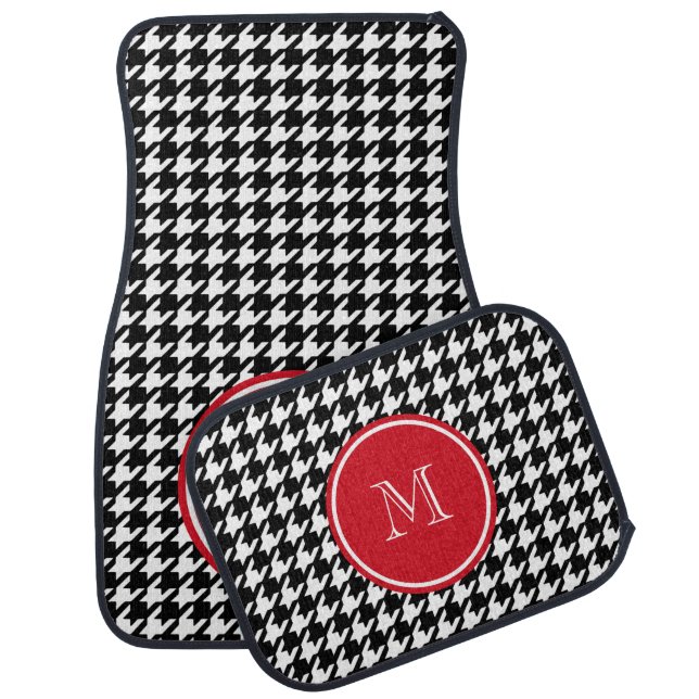 Black and White Houndstooth Red Monogram Car Floor Mat (Set)
