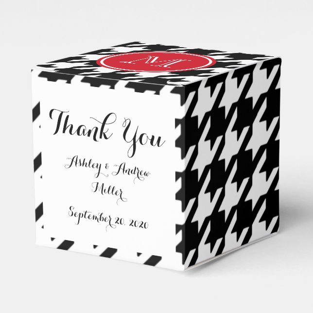 Black and White Houndstooth Red Monogram Favor Boxes (Front Side)