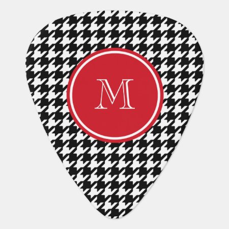 Black And White Houndstooth Red Monogram Guitar Pick