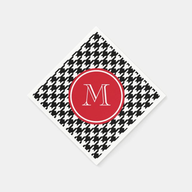 Black and White Houndstooth Red Monogram Napkins (Corner)