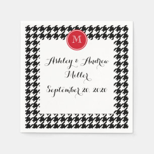 Black and White Houndstooth Red Monogram Paper Napkins