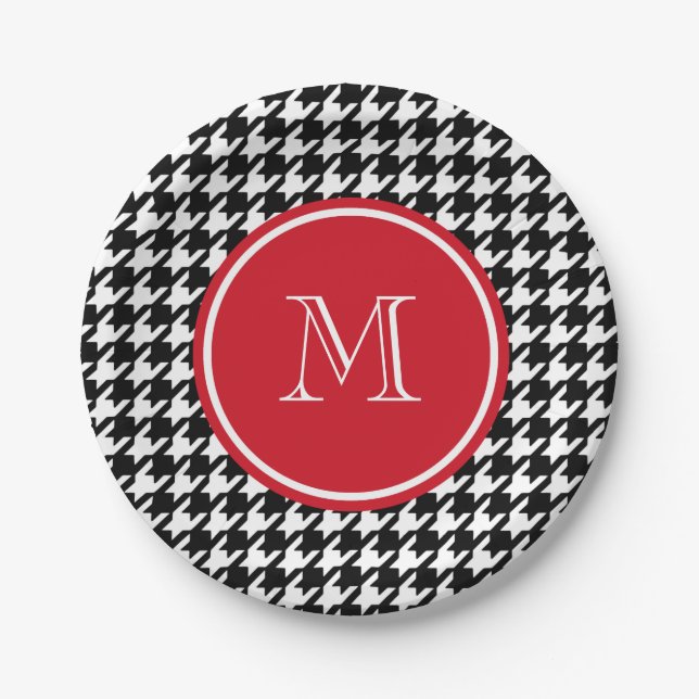 Black and White Houndstooth Red Monogram Paper Plates (Front)