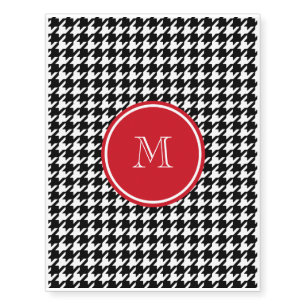 Black and White Houndstooth Red Monogram Temporary Tattoos