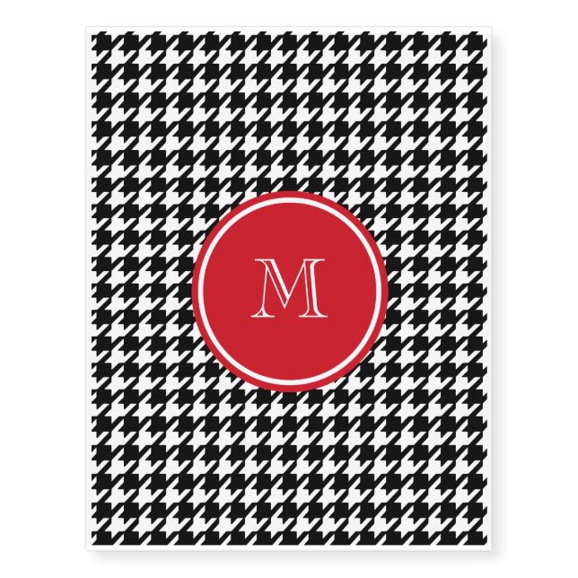 Black and White Houndstooth Red Monogram Temporary Tattoos (Front)