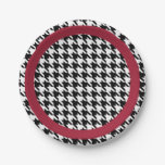 Black and white houndstooth with crimson accent paper plates