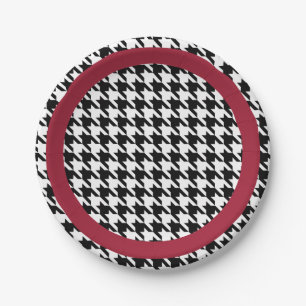 Black and white houndstooth with crimson accent paper plates