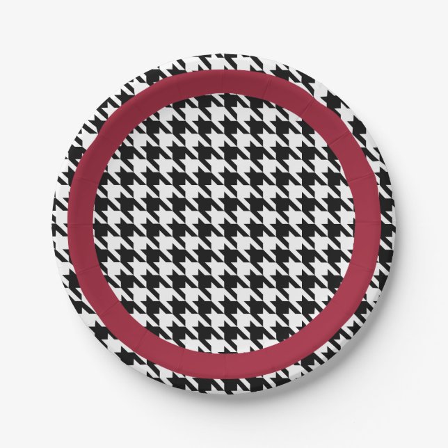 Black and white houndstooth with crimson accent paper plates (Front)