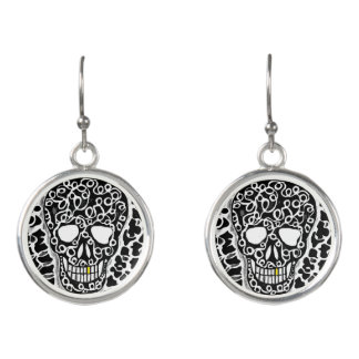 Black and White Human Skull Drop Earrings