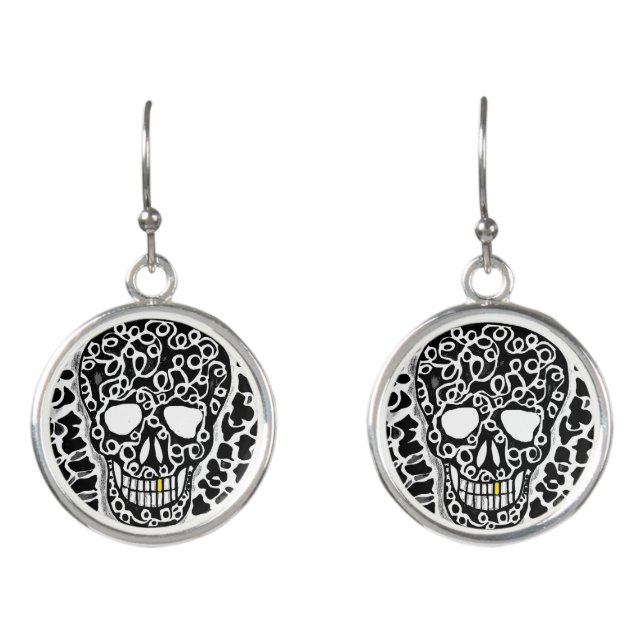Black and White Human Skull Drop Earrings  (Front)