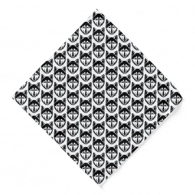 Black and White Husky Portrait Lino Cut Pattern Bandana (Front)