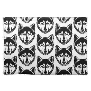 Black and White Husky Portrait Lino Cut Pattern Cloth Placemat