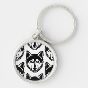 Black and White Husky Portrait Lino Cut Pattern Keychain