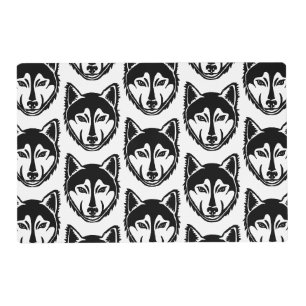 Black and White Husky Portrait Lino Cut Pattern Placemat