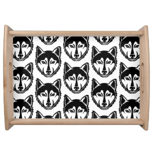 Black and White Husky Portrait Lino Cut Pattern Serving Tray