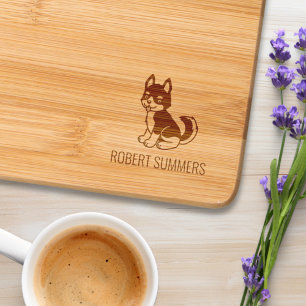 Black and White Husky Puppy Dog Custom Name Engraved Cutting Board