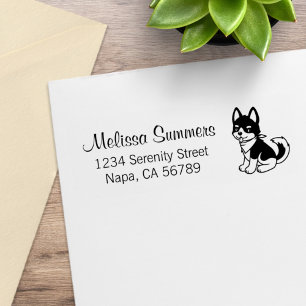 Black and White Husky Puppy Dog Return Address Rubber Stamp