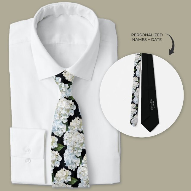 Black and White Hydrangea Groomsmen Neck Tie (Black and White Hydrangea Floral wedding ties.)