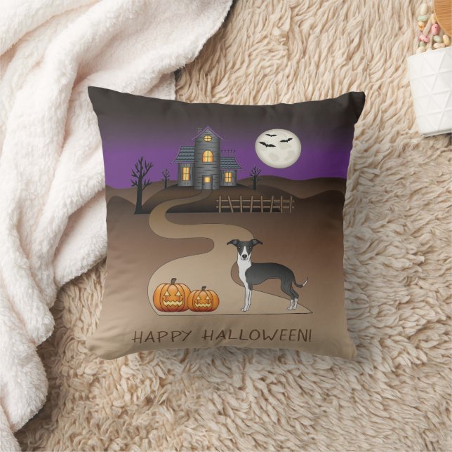 Black And White Iggy And Halloween Haunted House Throw Pillow (Blanket)