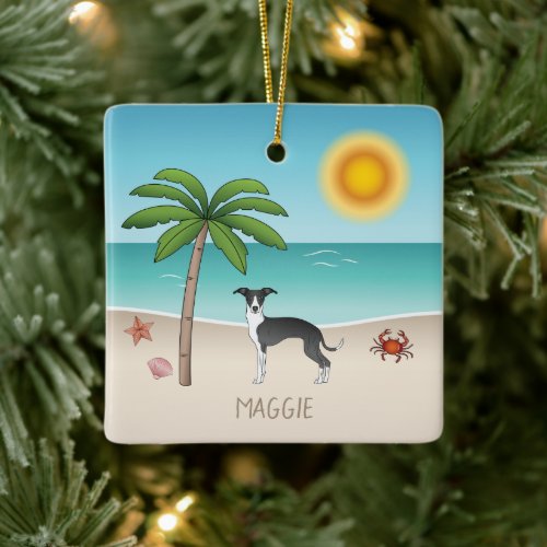 Black And White Iggy Dog At Tropical Summer Beach Ceramic Ornament