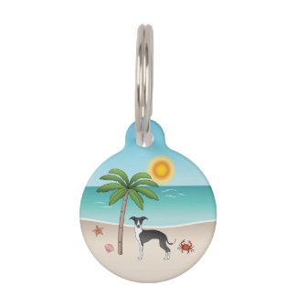 Black And White Iggy Dog At Tropical Summer Beach Pet ID Tag