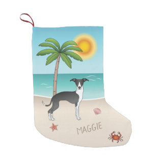 Black And White Iggy Dog At Tropical Summer Beach Small Christmas Stocking