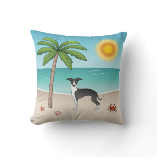 Black And White Iggy Dog At Tropical Summer Beach Throw Pillow