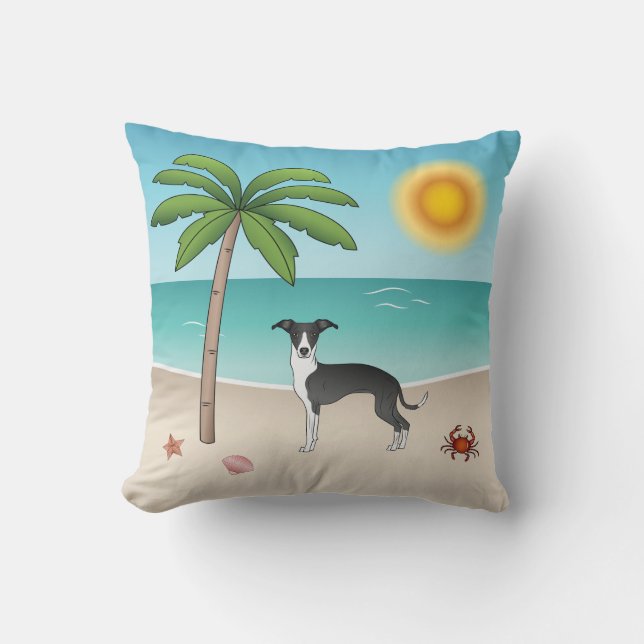 Black And White Iggy Dog At Tropical Summer Beach Throw Pillow (Front)