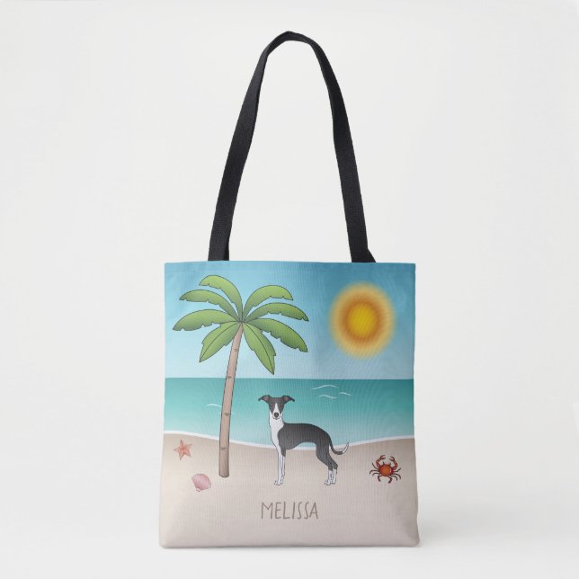 Black And White Iggy Dog At Tropical Summer Beach Tote Bag (Front)