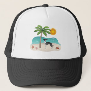 Black And White Iggy Dog At Tropical Summer Beach Trucker Hat