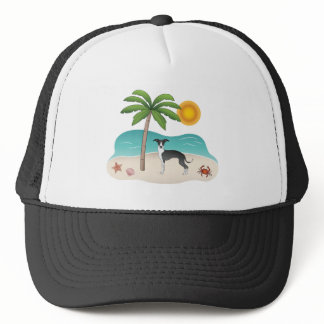 Black And White Iggy Dog At Tropical Summer Beach Trucker Hat